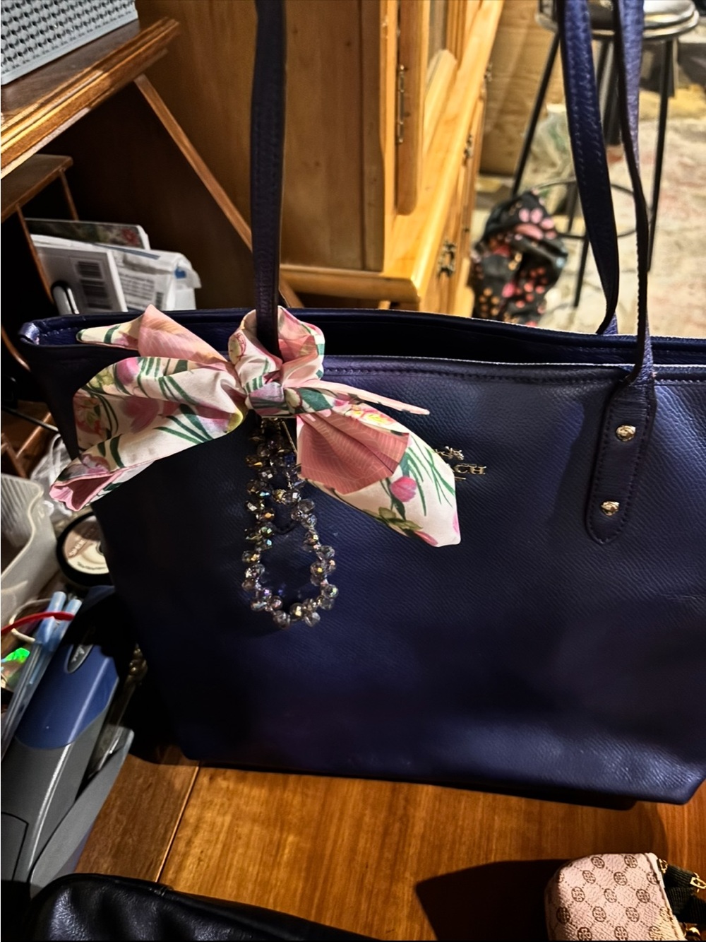 Coach Navy Leather Tote with Pink Floral Scarf Accent